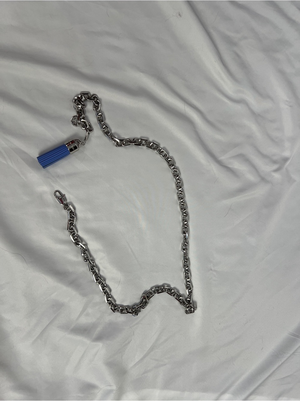 Tory Burch Silver Chain Belt with Blue Tassel Charm